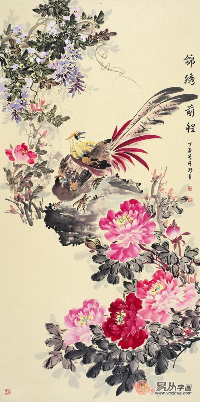 餐厅墙上花鸟挂画欣赏一:丁珂牡丹图《锦绣前程》(作品来源:易从网)