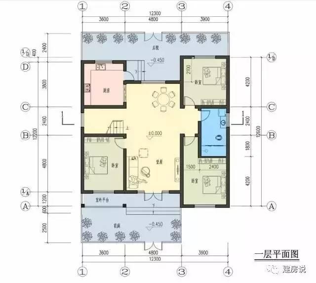 一层设有农村住宅传统的堂屋,餐厅,厨房,3间卧室,卫生间.