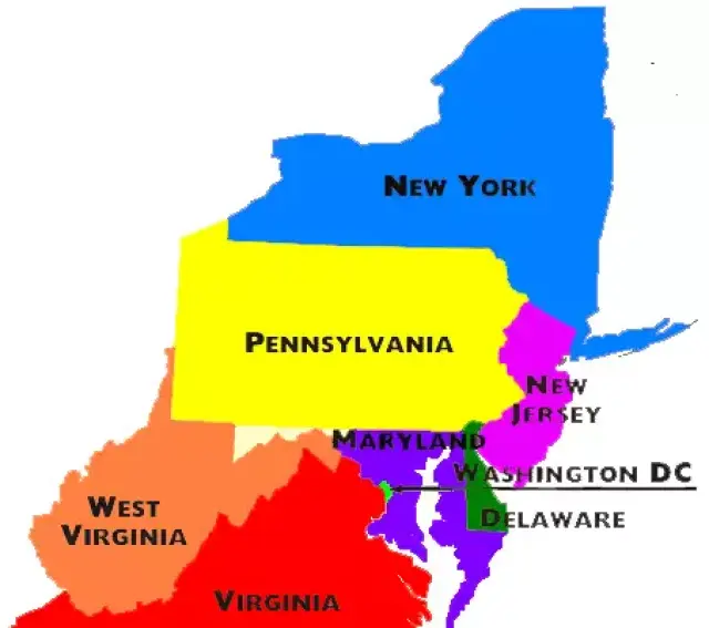 纽约州,宾夕法尼亚州,新泽西州,马里兰州,西弗吉尼亚州,特拉华州和
