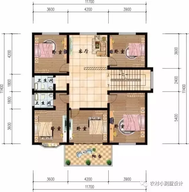 二层平面图:设有5个卧室,还有个小的家庭厅,楼梯与客厅之间有装修隔断