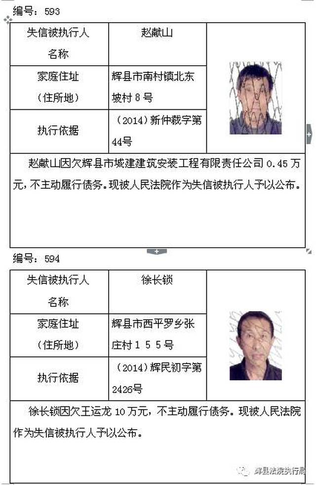 辉县又有20名老赖上黑名单,实名实姓曝光!涉额360多万