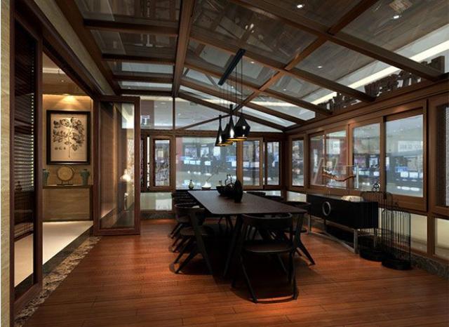深棕色的阳光房架构搭配长方形桌椅的布局体现出阳光房设计中十分高雅