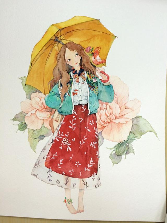 清纯唯美的小清新女生水彩画插画