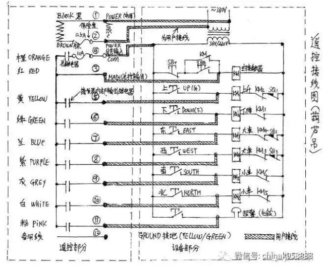 接线方法有所不同的,比如如果使用的是36v电源的话,行吊遥控器在接线