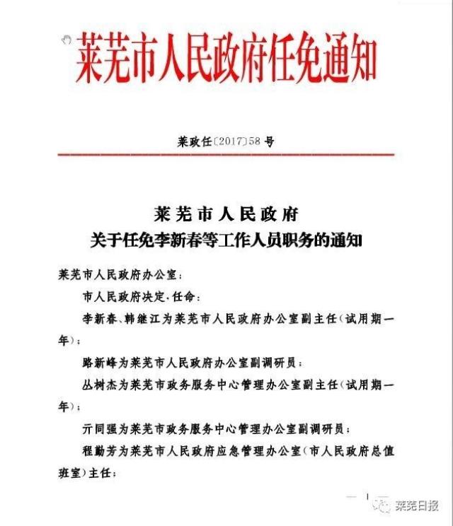 莱芜市人民政府最新人事任免