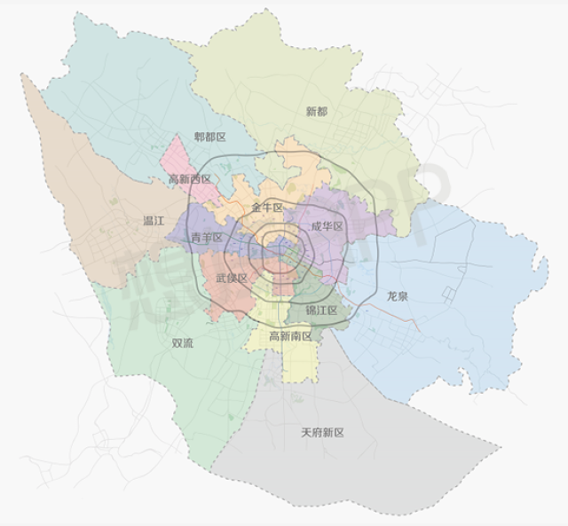 从下面的地图,我们可以看到,双流区紧邻成都4环,环城分别与青羊区