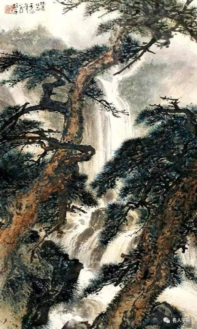 大师黎雄才笔下的松瀑图,太壮观啦!
