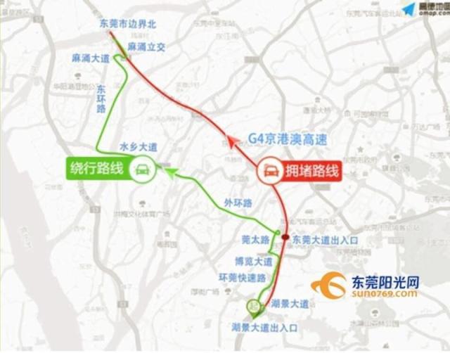 【绕行路线】:从湖景大道出入口下高速,沿湖景大道-环莞快速路-博览