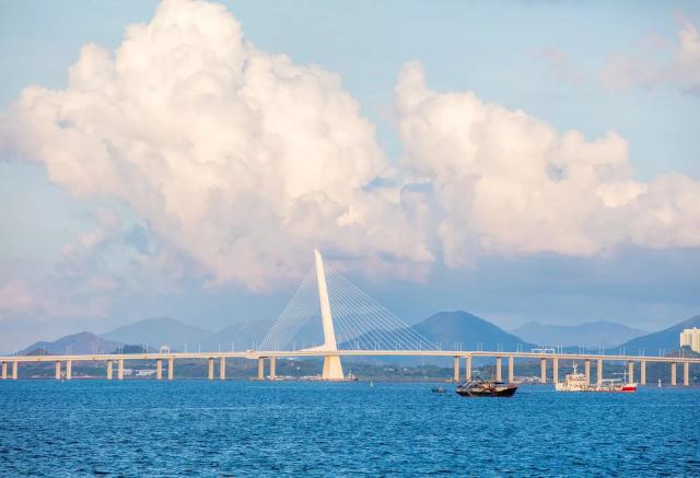 深圳湾跨海大桥是连接深圳与香港的通道 像一条银色的蛇盘踞在海面上