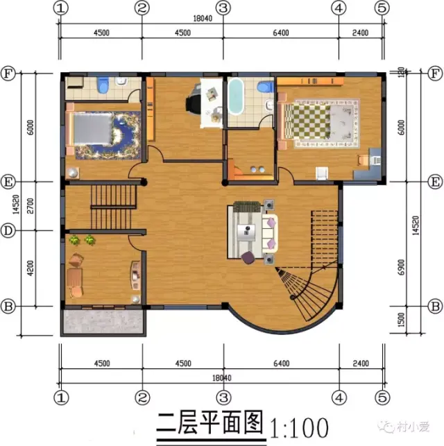 二层: 功能区分布为卧室,书房,茶水间,客厅,阳台.