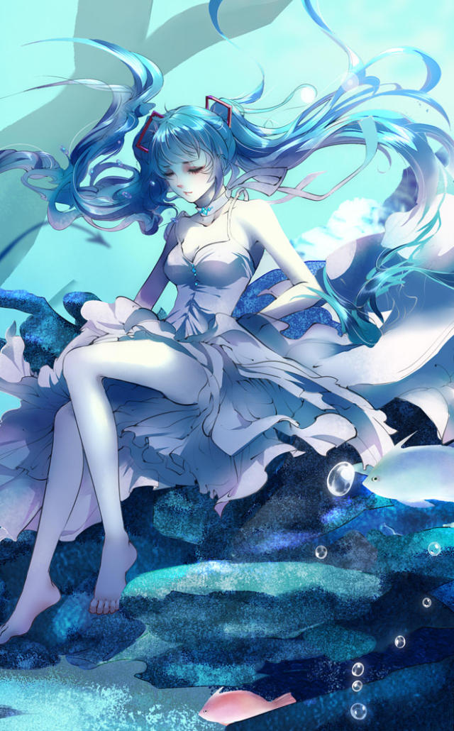 福利图哟 初音未来蓝色水中画风 高清动漫桌面壁纸图片