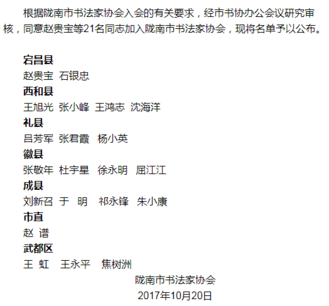 陇南市书法家协会2017年新吸收会员名单,康县18人!(附:全体会员名单)