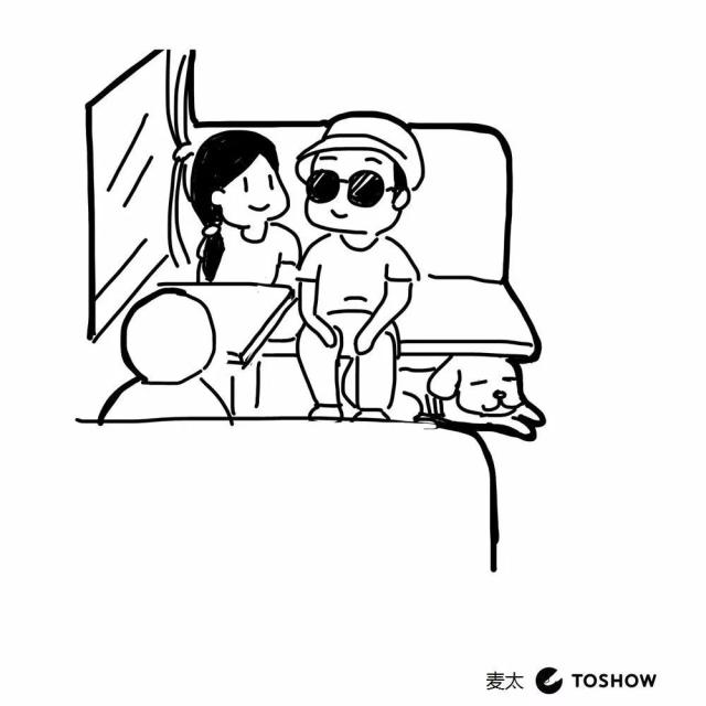 一组手绘漫画,记录导盲犬的进站乘车旅程