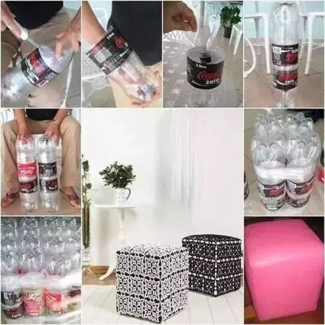 在户外如果需要凳子坐,可以把几个空瓶子拼在一起,然后用胶带固定好