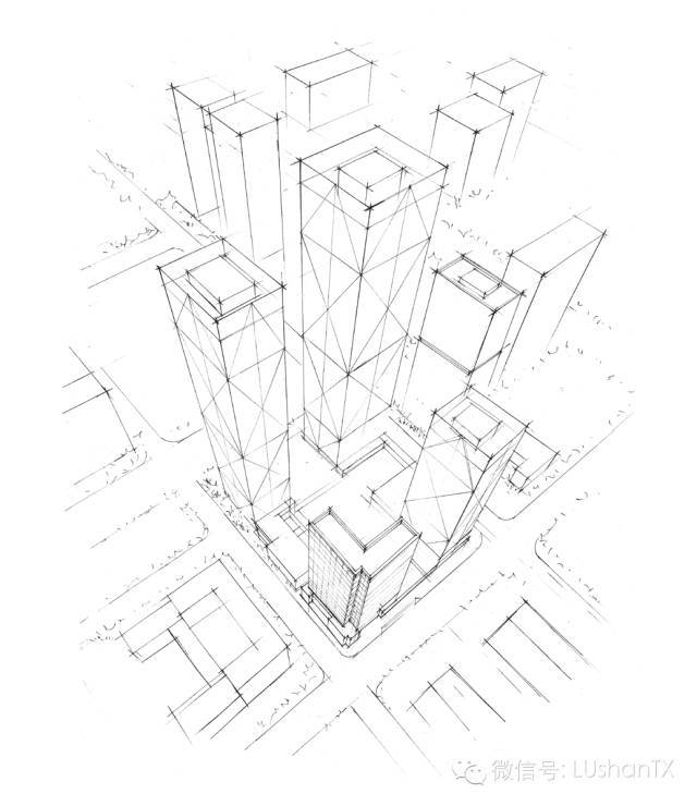 凸凹部分的透视都要认真刻画,根据建筑高低不同决定消失线的倾斜角度