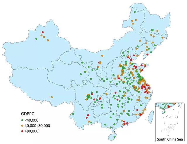 255个合格癌症登记处的分布图和相应的人均国内生产总值(gdppc)