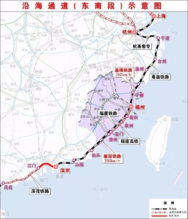 东南沿海段包括沪杭客专(350km/h),杭甬客专(350km/h),甬台温铁路(250