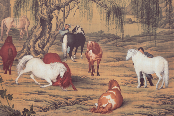 h13# 八骏图 中国古書画 画家郎世宁(清) 神品