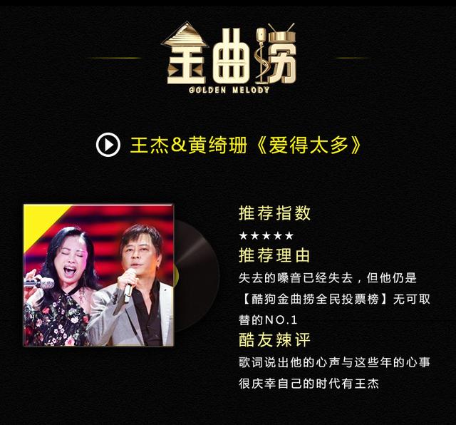 节目中王杰搭档黄绮珊演绎的1994年作品《爱得太多》,上线酷狗后播放
