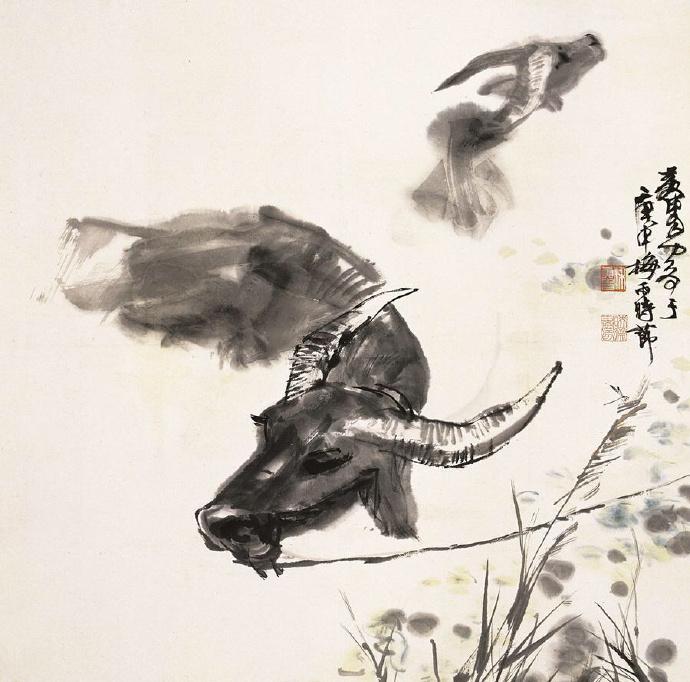 中国书画欣赏黄胄水牛图全程在洗澡