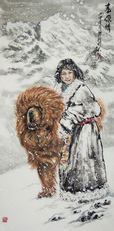 画家王贵邱这幅国画作品《高原情,描绘了雪域高原风雪之中一个藏族