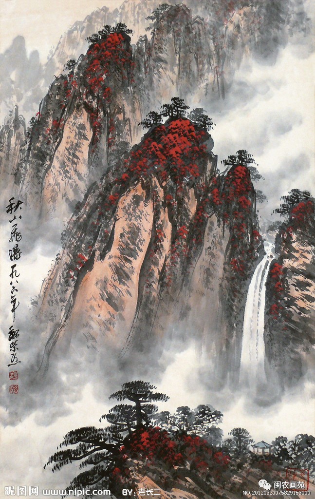 瀑布山水画水口图片