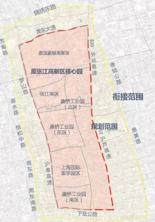 西至羅山路-滬奉高速,跨越張江鎮,唐鎮,康橋鎮,周浦鎮,新場鎮,航頭鎮