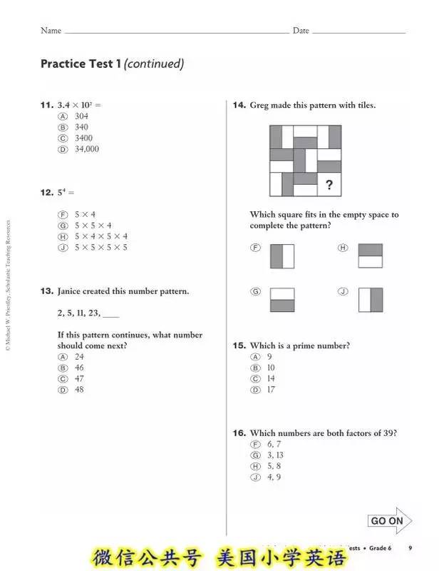 美国小学6年级数学测试题 成功系列