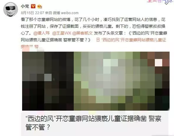 8月15日,微博用户小党发布了一篇名为《西边的风开恋童癖网站猥亵