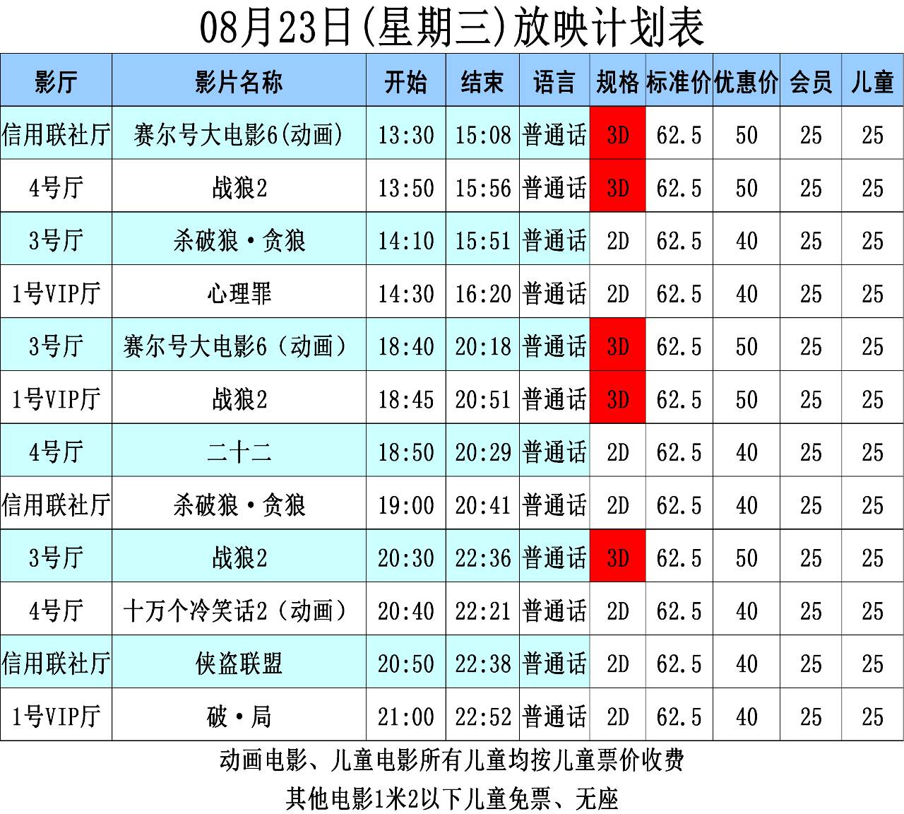 【排片信息】文化中心影城8月23日放映表