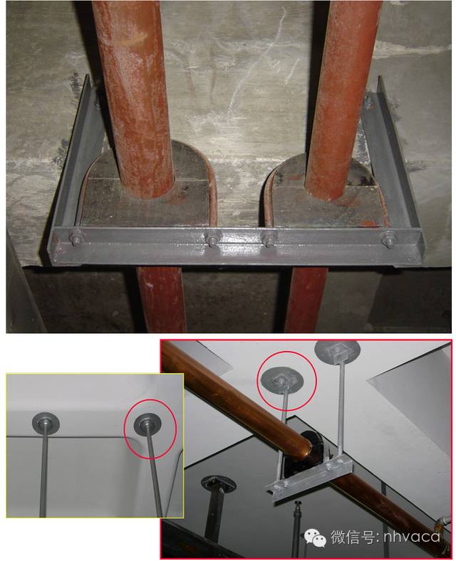 3)干管采用承重防晃支吊架;2)木衬垫与管道咬合密实无缝隙;1)防腐处理