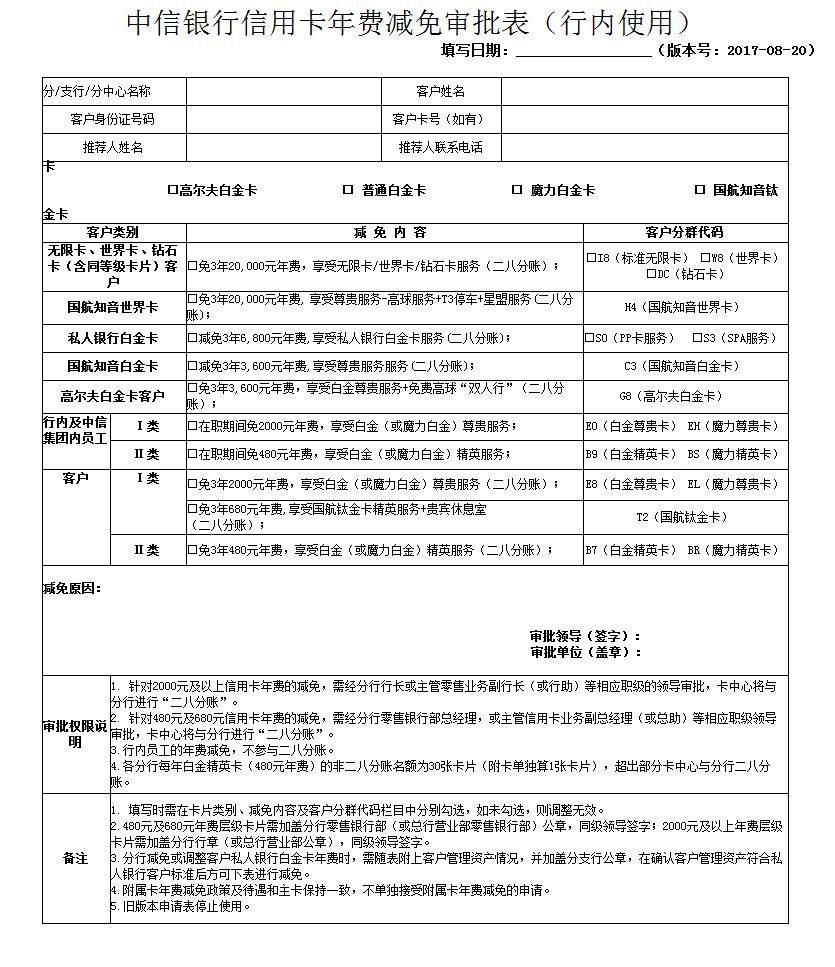 关于中信银行信用卡年费减免审批表变更的通知