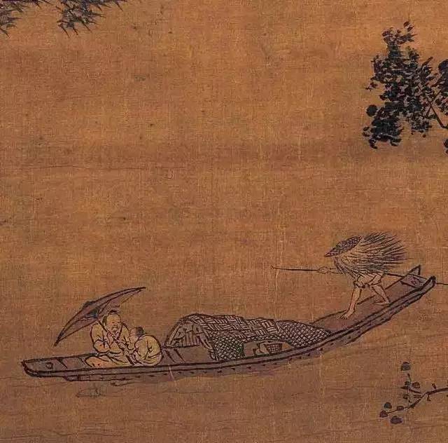 费力划船的船夫与撑伞的人明 孙克弘《雨景山水图》广东省博物馆藏图