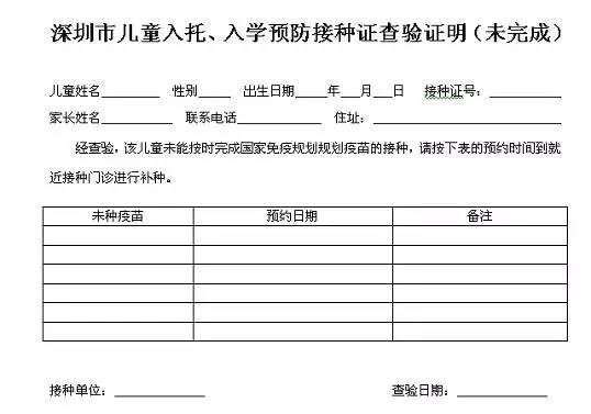 入托,入學預防接種證查驗證明(未完成)》並列出補種疫苗的種類和時間