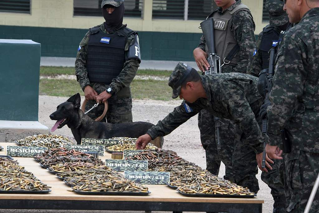 近日,洪都拉斯警方從一處黑幫犯罪團伙的軍火庫中繳獲一批槍支彈藥