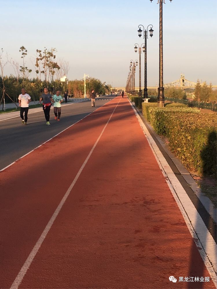 跑道上已經有勤勞的人在迎著陽光奔跑了.