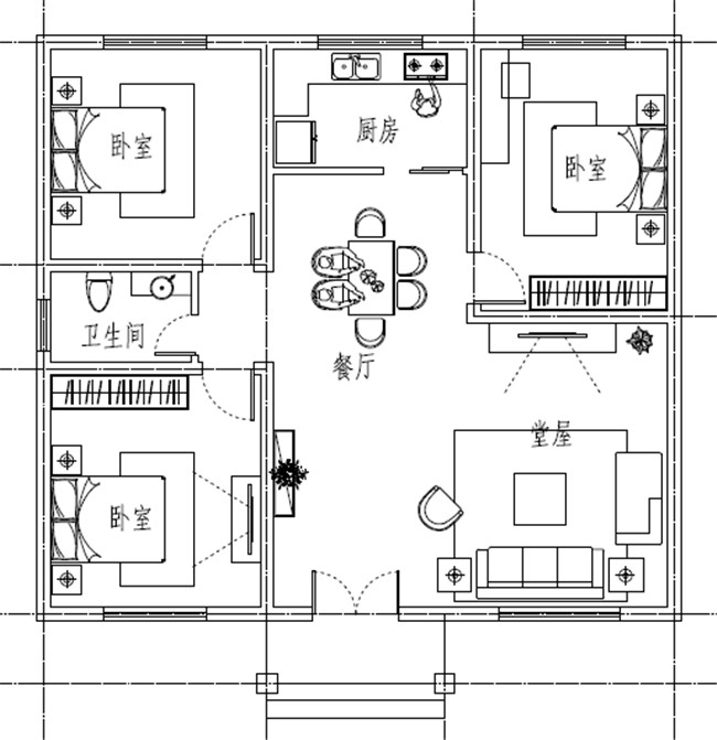 第三套:此款为100平方米的,坡屋顶一层全套自建别墅cad图纸,该建筑