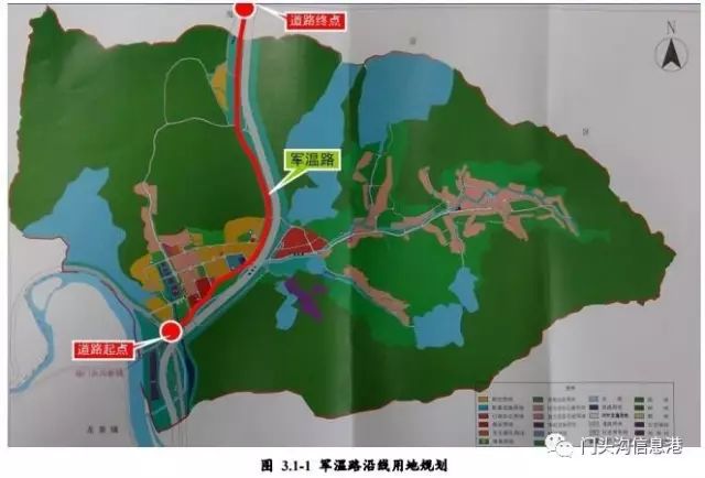 军温路起点为京大公路(即现况109 国道,沿线经过军庄镇中心,杨坨,郝