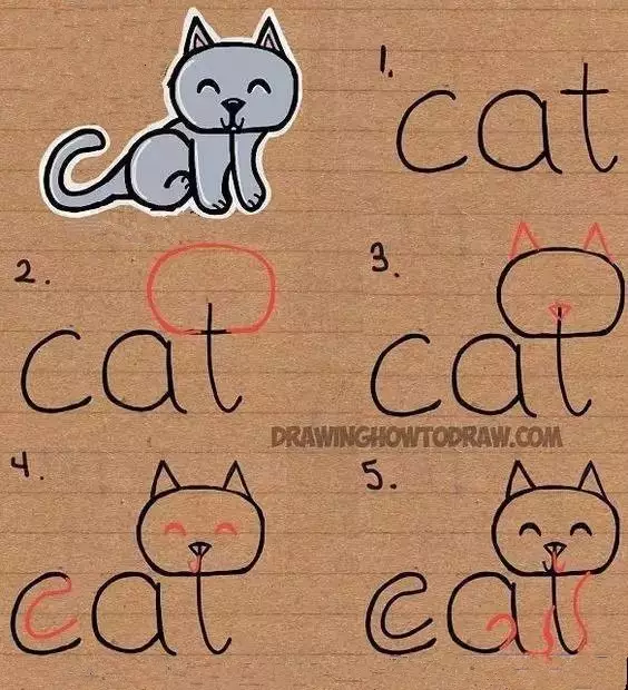 快看,用单词cat 真的能画出一只可爱的小猫咪呢