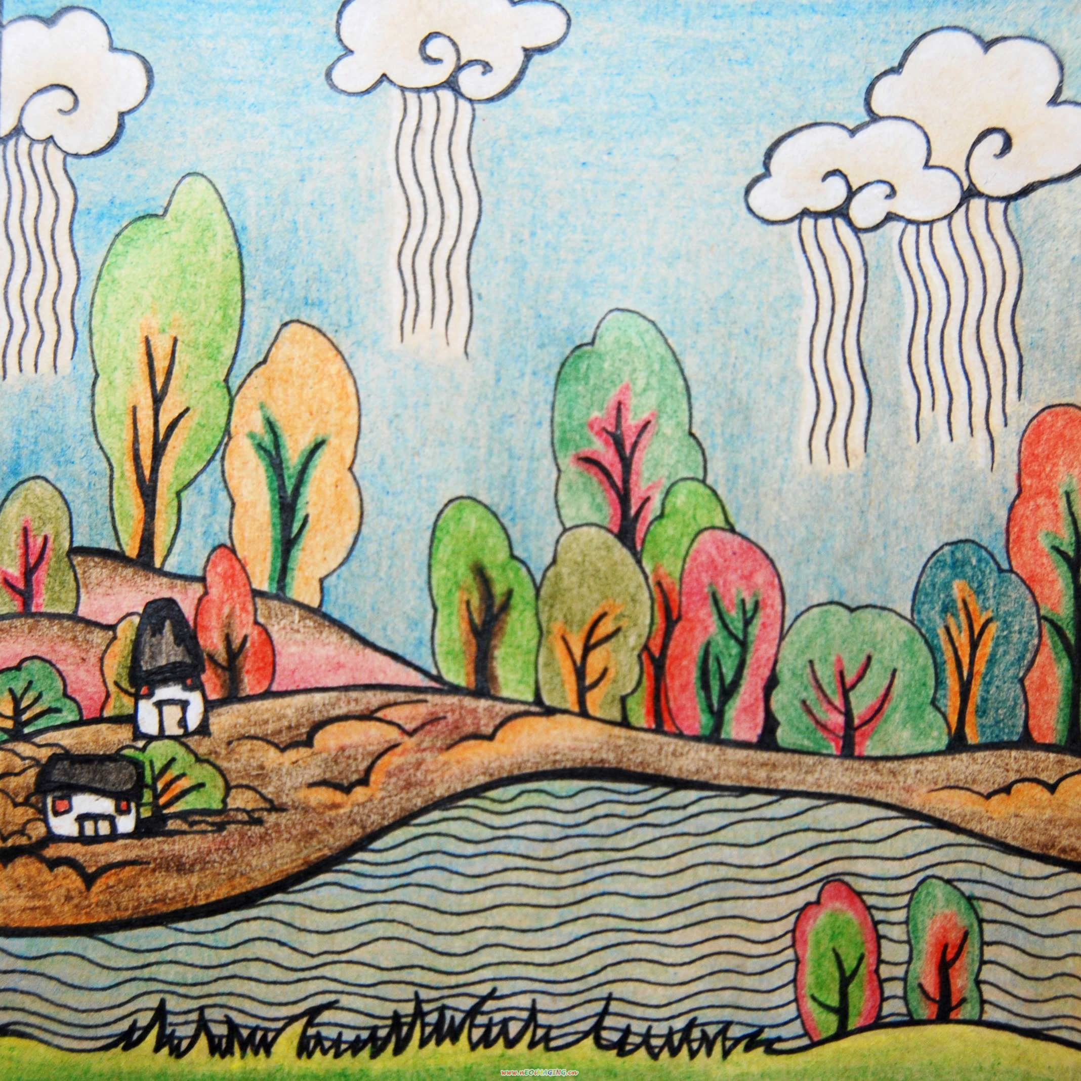 儿童画小河河水图片