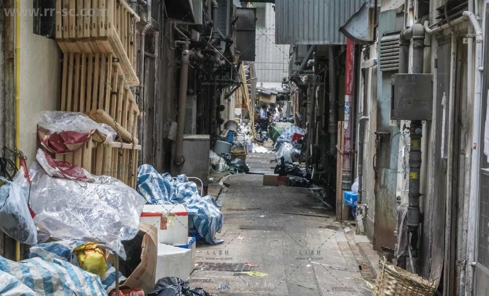 香港大樓下街邊小巷髒亂垃圾場景視頻與照片素材合輯