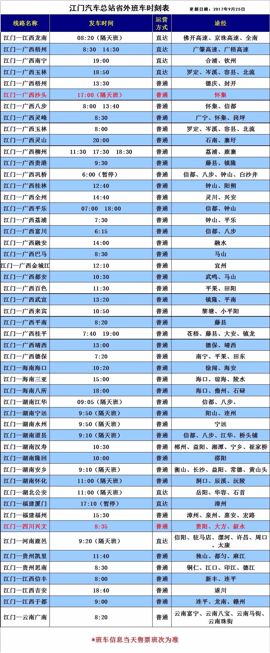 旧车站班车时刻表(更新日期:2017年9月25日),江门—从化,东圃,阳江
