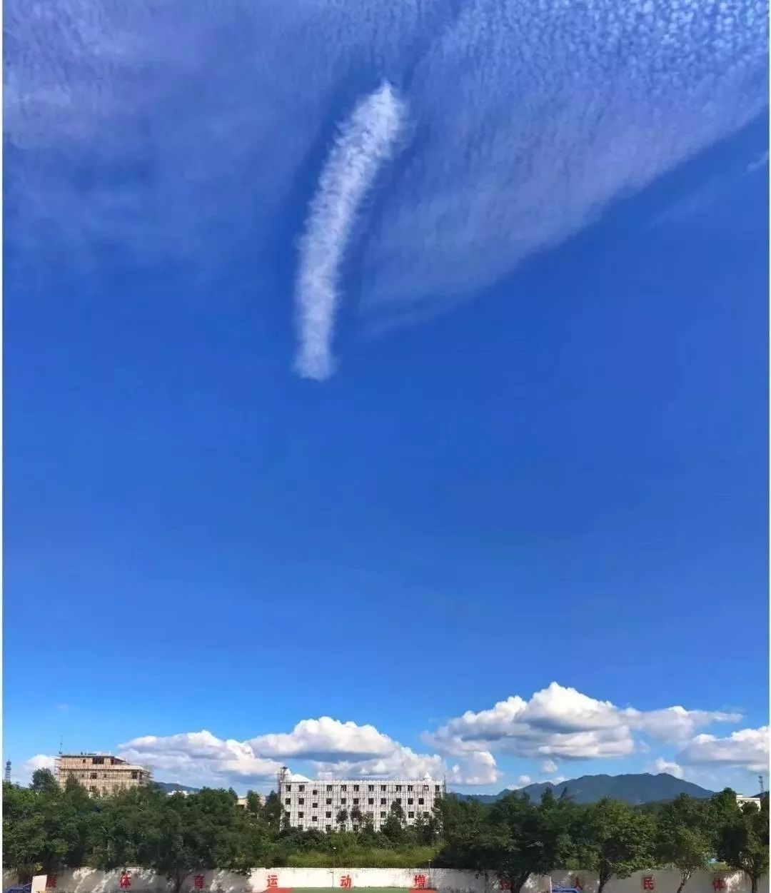 蔚藍的天空突然出現一根雞毛狀的白雲,也有人驚歎這是