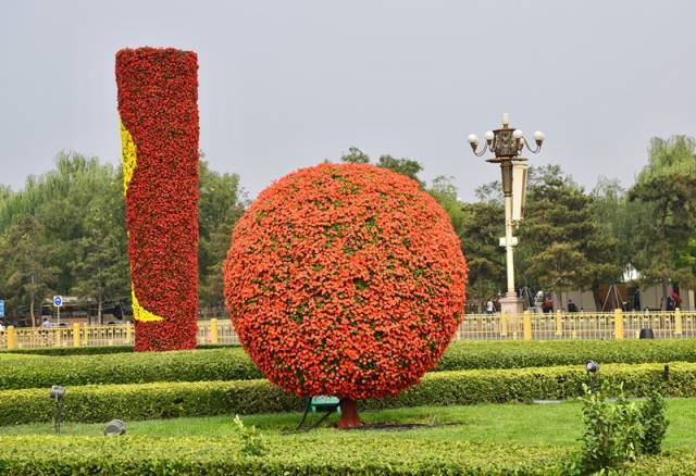 繁花似錦,非常漂亮12根花柱,18個花球及5000平方米花帶在廣場兩側的