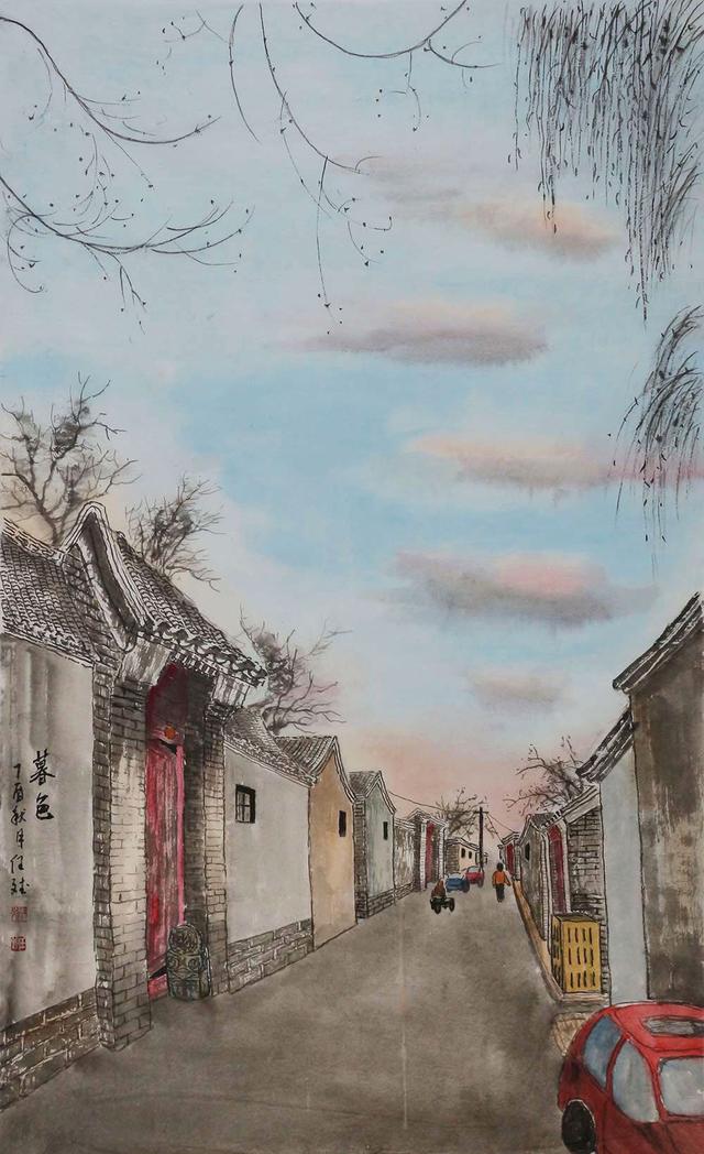 老北京街道国画图片