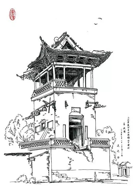 家乡的古建筑线描画图片