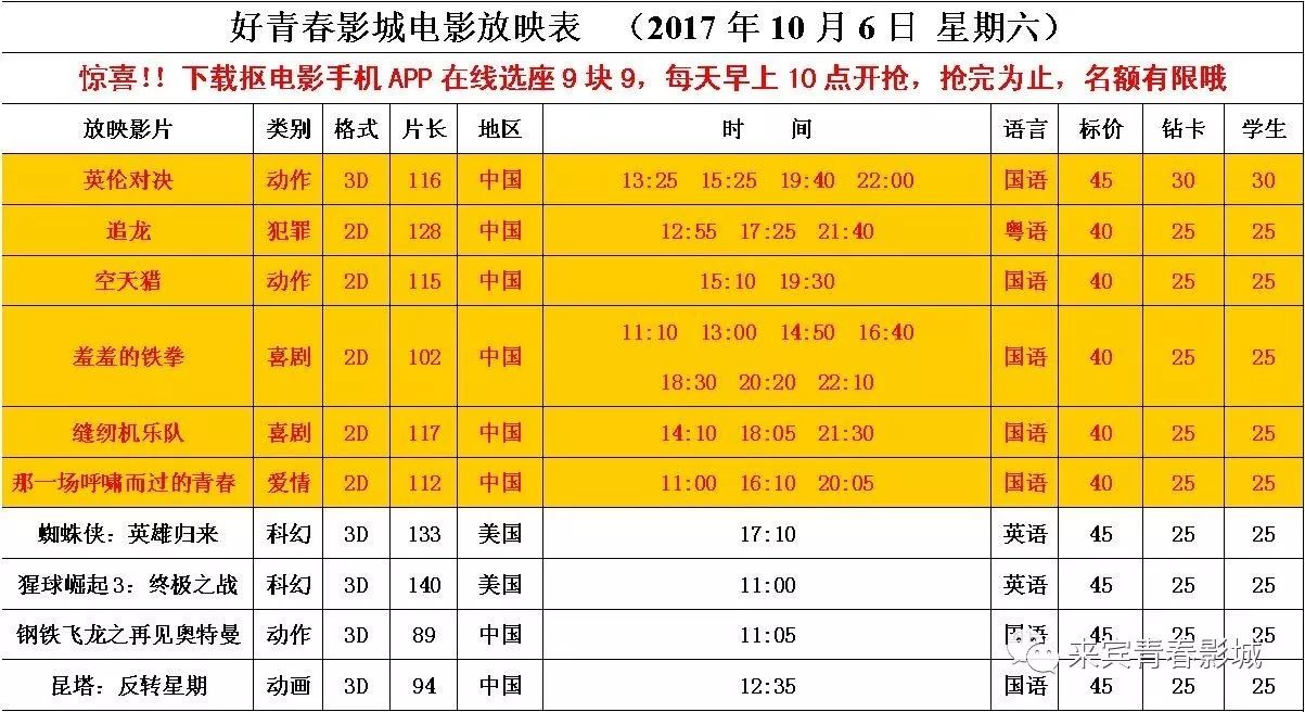 {今日影訊}--10月6日放映時間表!