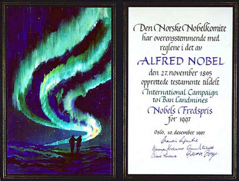 这是1997年颁给国际反地雷组织的和平奖证书这是1997年诺贝尔物理学奖