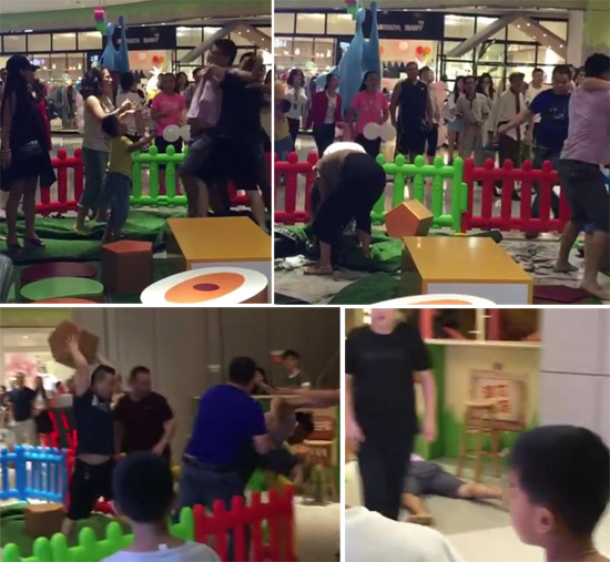 兩兒童在商場遊玩區域搶玩具，引發大人們毆打致傷。（視頻截圖）