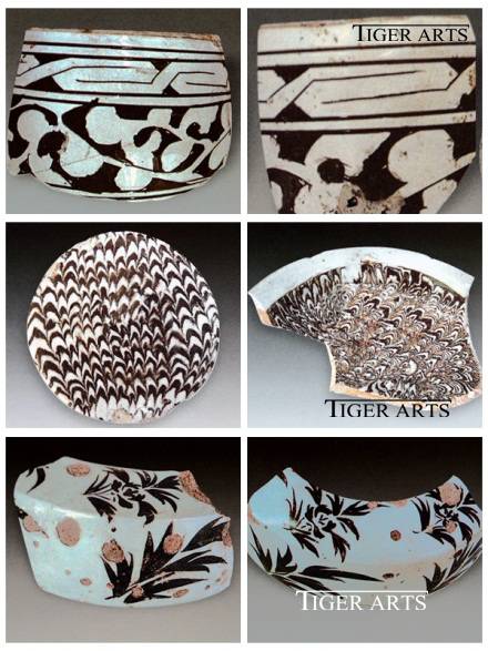 大英博物馆藏 当阳峪窑场瓷片标本(由上而下分别为白釉剔花,绞胎,白地